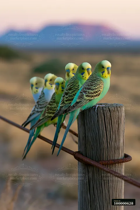 A group of budgerigars rests on a fence post in a desert landscape during twilight.