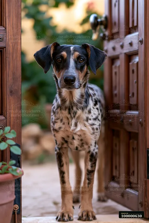 A rare dog breed with a spotted coat stands at an open wooden door in a garden setting.
