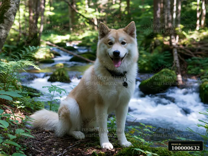 A rare dog breed is looking at the camera while sitting on a trail near a flowing stream in a forest.