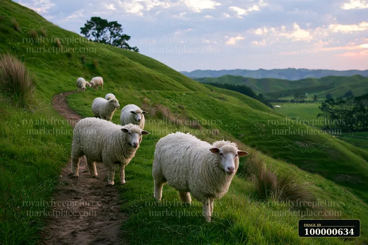 Sheep walk along a winding path on a green hillside near the coastline covered in sea fog.