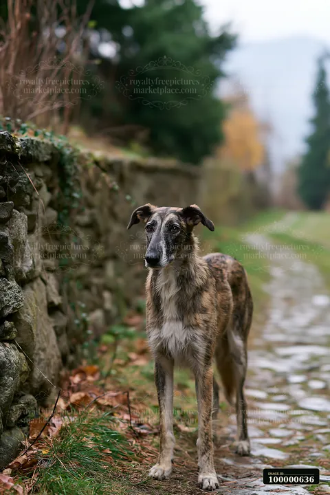 A brindle coat rare dog breed stands on a stone path near a wall surrounded by greenery and autumn foliage.