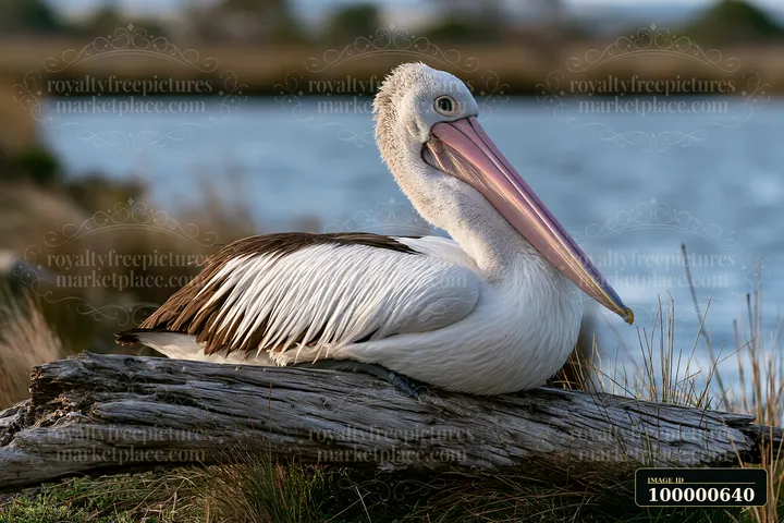 An Australian pelican rests calmly on a log along the edge of a coastal lagoon, surrounded by grass and water, showcasing its distinctive long beak and feathers