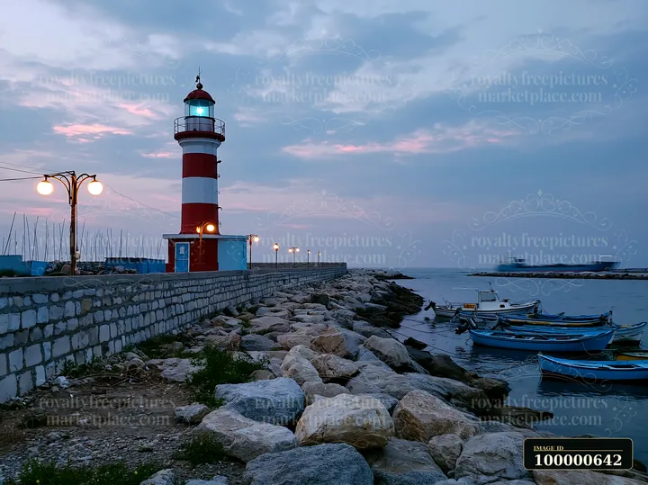 A lighthouse stands tall on the shoreline with a cargo ship visible in the distance.