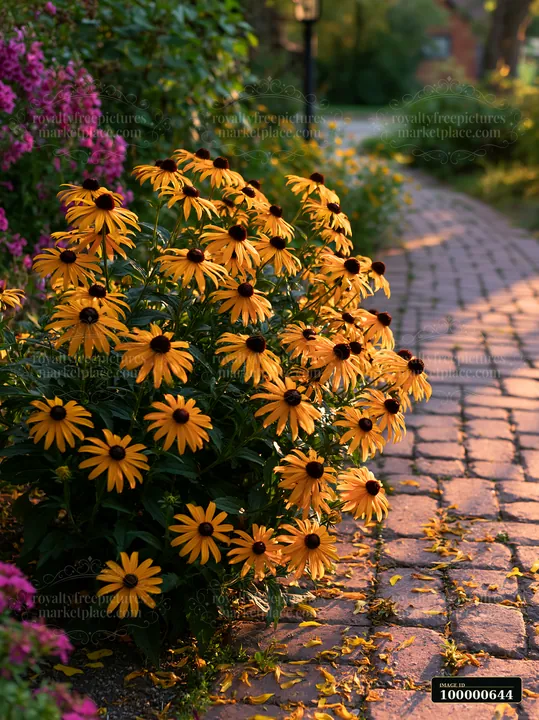Rudbeckia flowers in sunlight brighten a garden path lined with stones, surrounded by various plants as the sun casts a warm glow in the late afternoon.