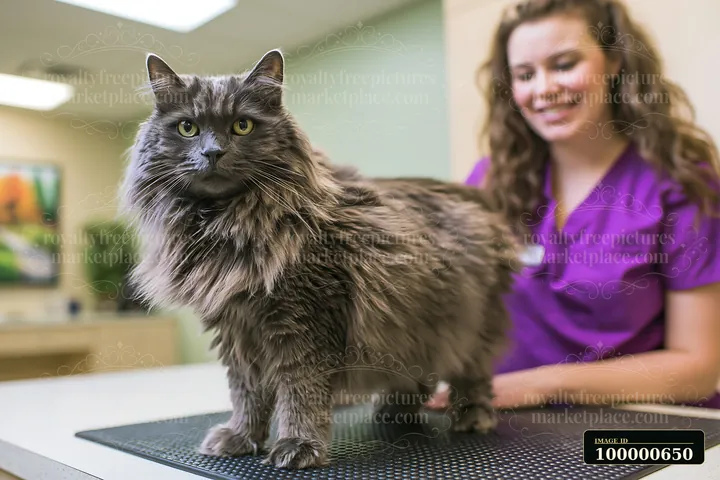 A rare cat breed stands on an examination table at a veterinary clinic while a veterinary technician observes.
