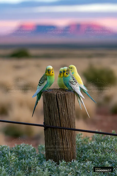 Budgerigar flock in desert landscape gathers on a wooden post against a backdrop of mountains during twilight.