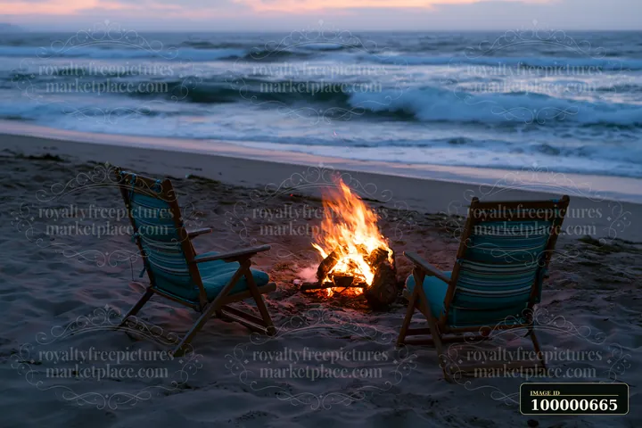 Waves crash gently on a sandy beach as a bonfire burns brightly, creating warm light.