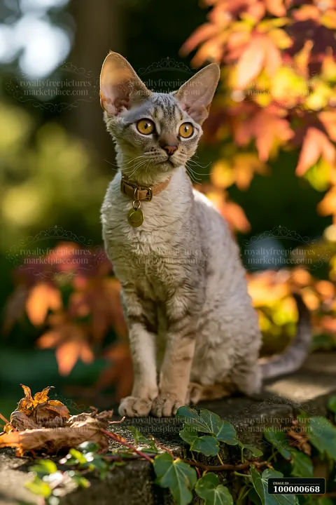 A Devon Rex cat with large ears sits on a stone wall surrounded by colorful autumn leaves.