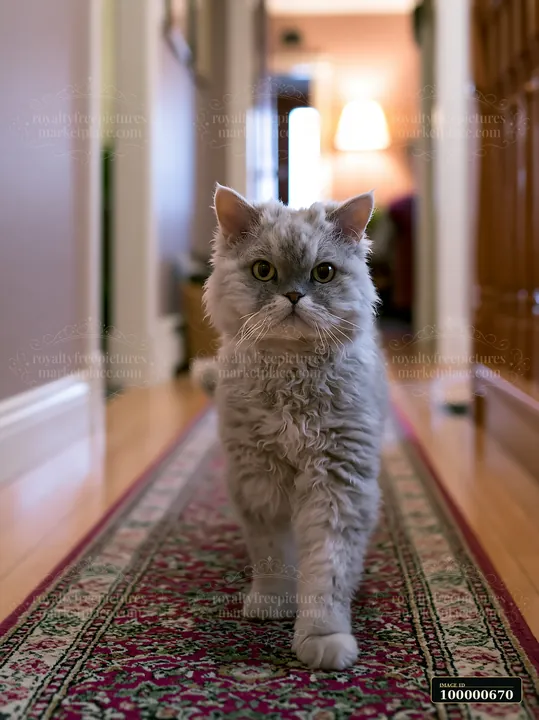 A Selkirk Rex cat walks confidently down a hallway with a patterned rug.