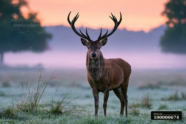 A stag stands still in a meadow as fog drifts across the grass.