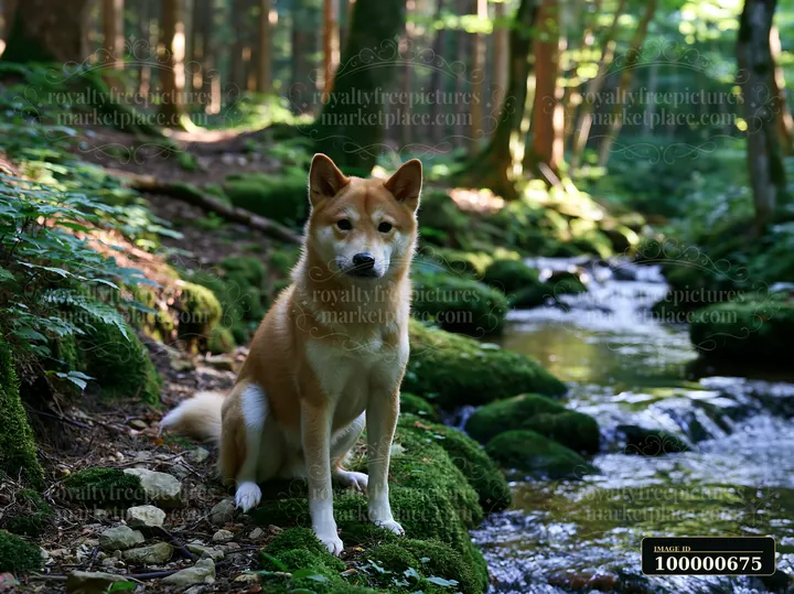 A rare dog breed looking at camera sits beside a stream in a lush green forest.