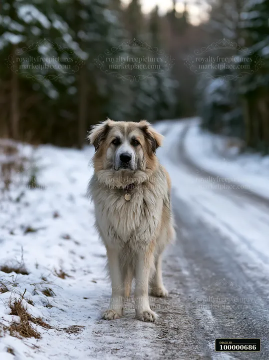 A rare dog breed stands on a snowy rural road surrounded by trees.