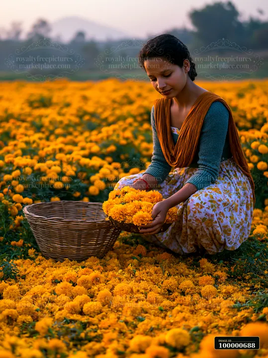 A woman gathers bright yellow flowers in a field during early morning light.