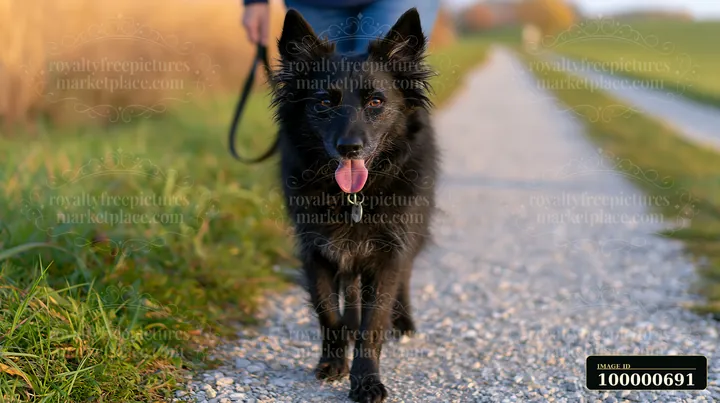 A rare dog breed takes part in obedience training while walking along a gravel path in a park.