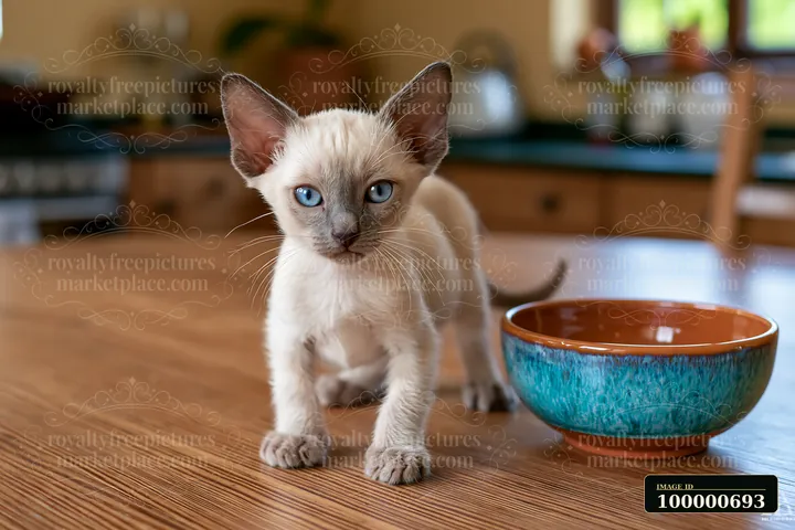 A Siamese kitten walks across a wooden table near a blue bowl.