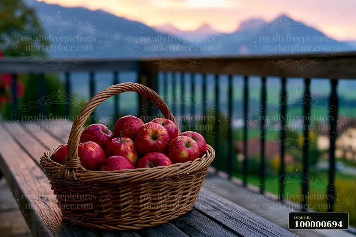 A basket filled with red apples rests on a wooden table of a balcony at a Swiss mountain hotel with mountains in the background.
