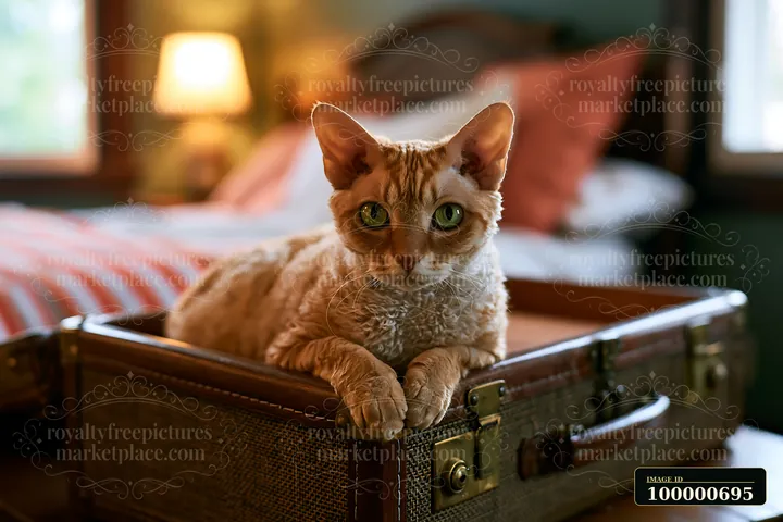 A German Rex cat portrait shows a light orange cat with large green eyes lying comfortably in an open suitcase.