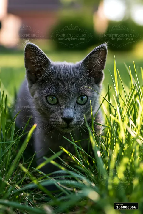 A Korat kitten is exploring the green grass in a sunny outdoor setting.