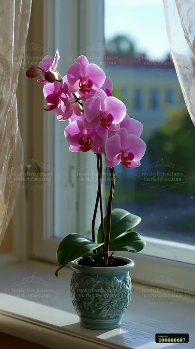 A pot of pink orchids sits on a windowsill with sunlight streaming through.