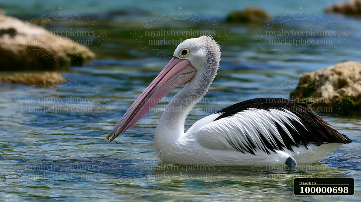 An Australian pelican swims in a coastal lagoon, surrounded by clear water and scattered rocks.