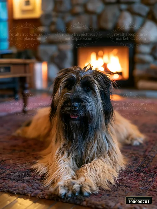 A rare dog breed relaxing by fireplace on a rug inside a warm room.