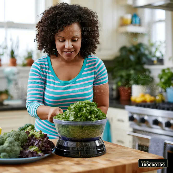 A disabled person uses adaptive kitchen tools while preparing fresh vegetables in a bright kitchen.