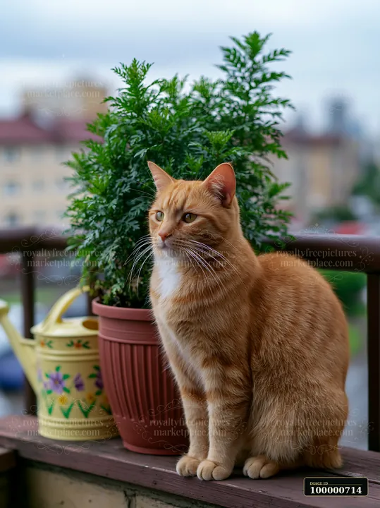 A Dwelf cat poses beside a potted plant on a balcony.