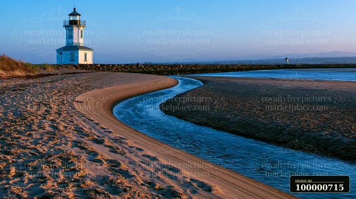 A lighthouse stands near a sandy beach with a winding river flowing beside it during sunset.