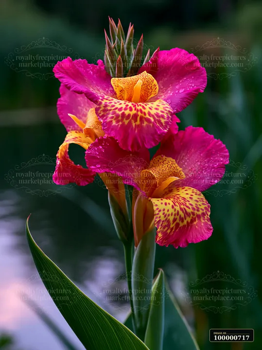Canna lily flowers by pond showcase bright colors near the water.