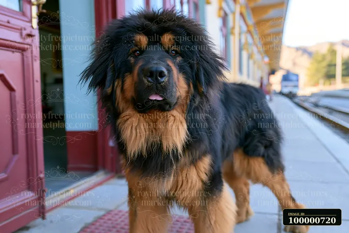 A dog stands on a platform beside a vintage train.