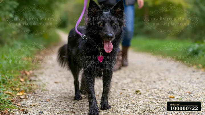 A black rare dog breed walks confidently along a gravel path during obedience training.