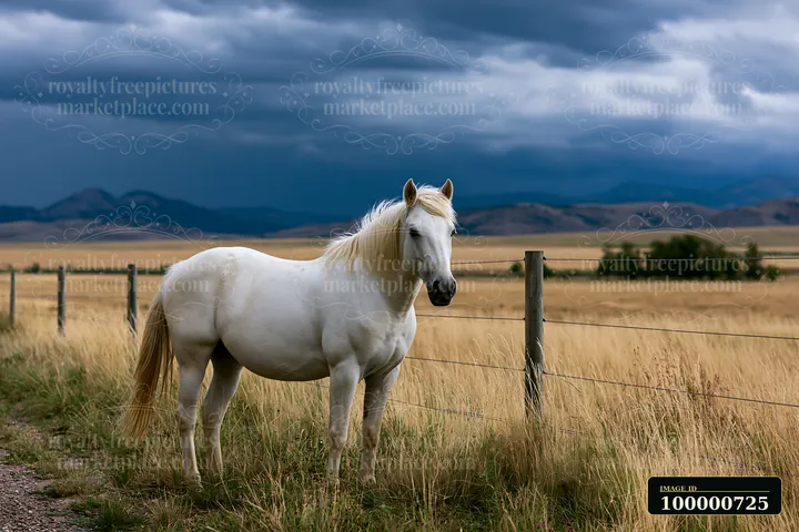 A white horse stands next to a fence in a meadow under dark stormy clouds.