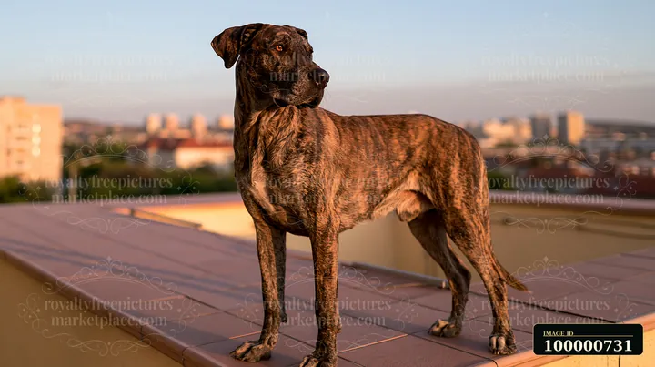 A rare dog breed with a brindle coat stands on a rooftop, looking out over a city at sunset.