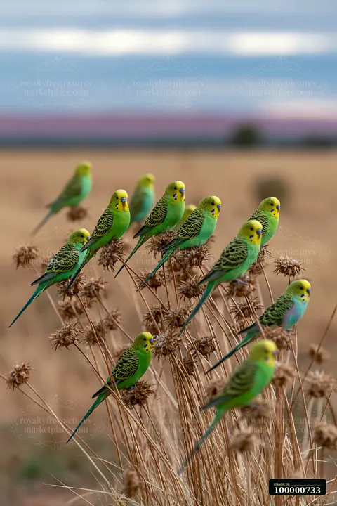 A flock of budgerigars gathers on dry grass in a desert area.