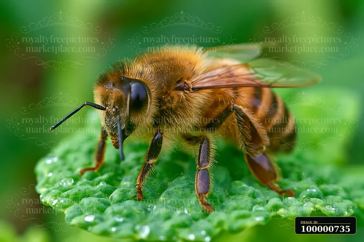 A honey bee resting on a green leaf with droplets of water.