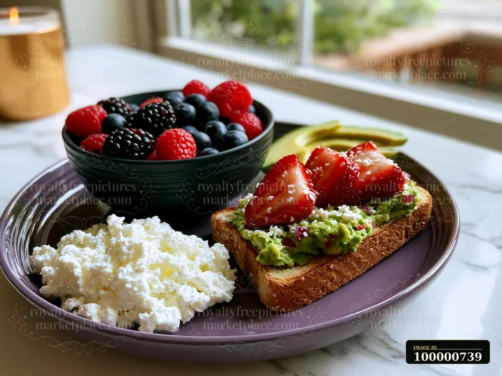 A vibrant plate displays avocado toast topped with strawberries, fresh berries in a bowl, and cottage cheese.
