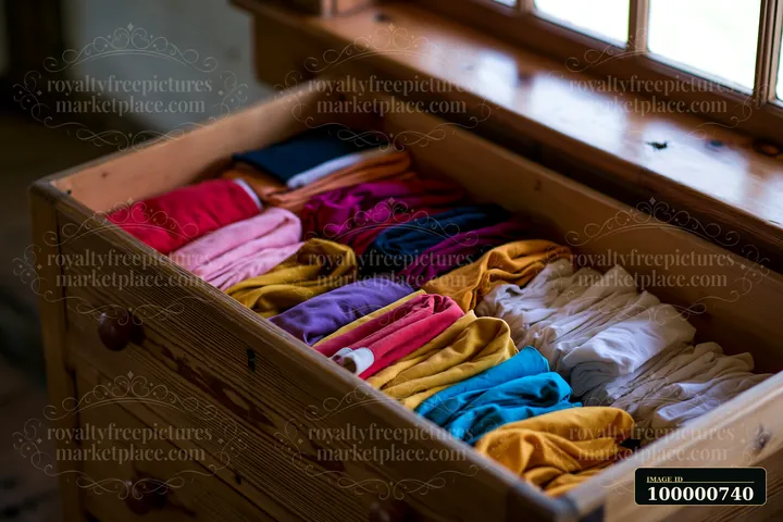 A wooden drawer shows neatly folded fabric in various colors.