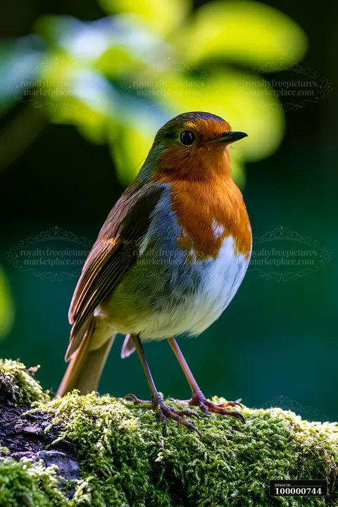 A bird stands on a mossy log in a shaded meadow in woodland clearing.