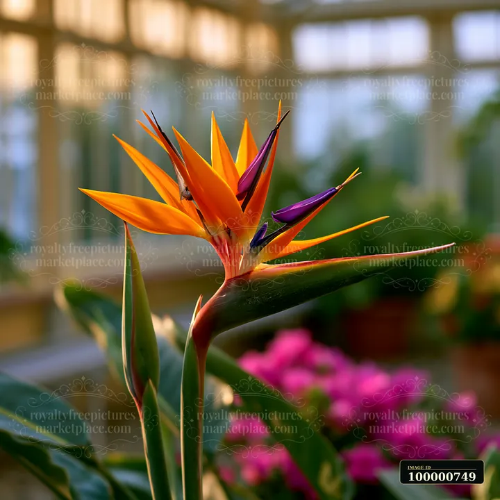 A bright flower stands tall in a greenhouse, surrounded by soft light filtering through glass panels.
