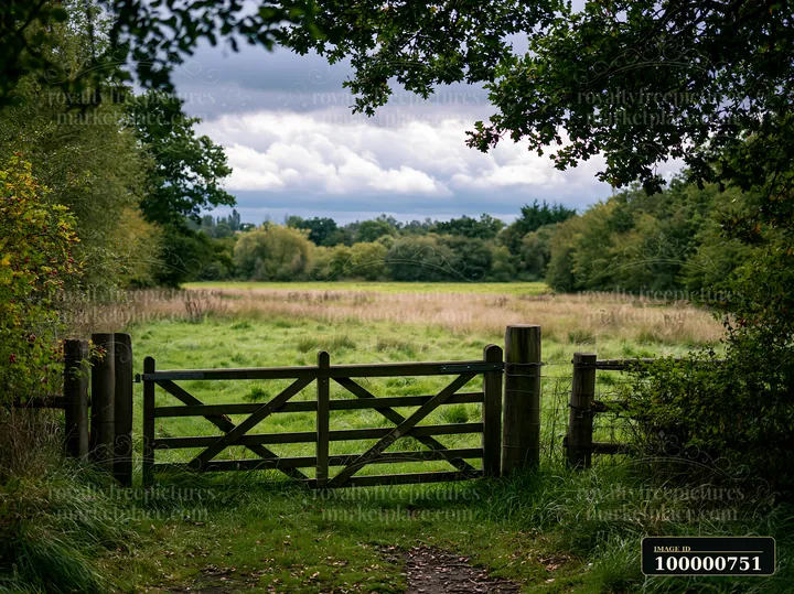 A gate opens to a meadow under dramatic clouds.