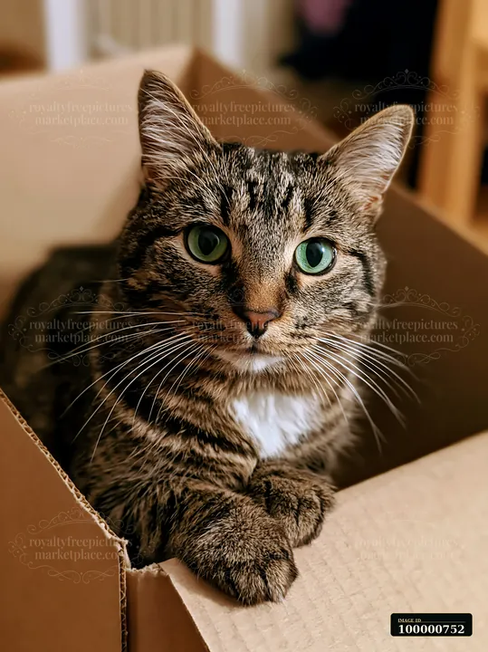 A domestic cat with distinctive stripes and bright green eyes is resting comfortably inside a cardboard box.