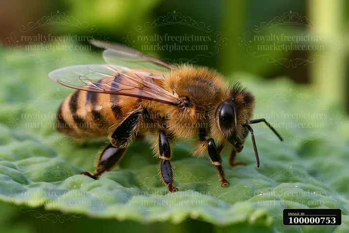 A honey bee resting on a green leaf captures the attention with its detailed features.