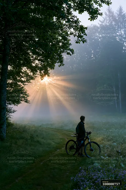 A cyclist stands with their bike on a trail surrounded by trees as sunlight breaks through a layer of sea fog.