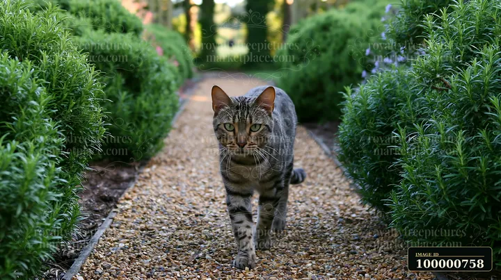 A California Spangled cat walks along a gravel path surrounded by green bushes in a garden setting during daylight.