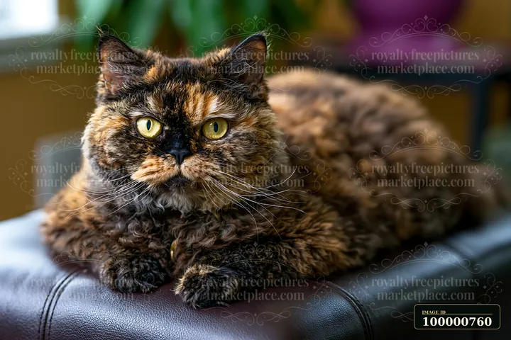 A domestic Selkirk Rex cat sits calmly on a surface with a warm background.
