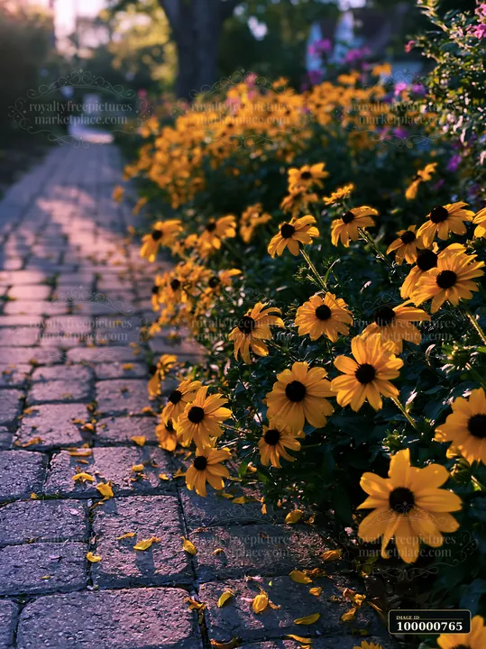 Rudbeckia flowers in sunlight line a cobblestone pathway in a garden.