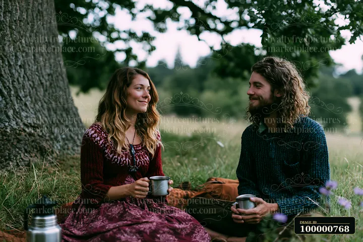 A couple sits on a blanket in a meadow beneath an oak tree, sharing drinks and smiles.