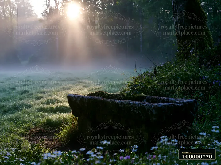 Sunbeams over a misty meadow illuminate a stone feature surrounded by grass and wildflowers, highlighting the morning light filtering through trees in the backg