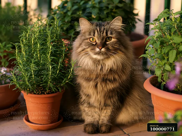 A fluffy Asian Semi-longhair cat sits calmly surrounded by potted plants on a balcony.