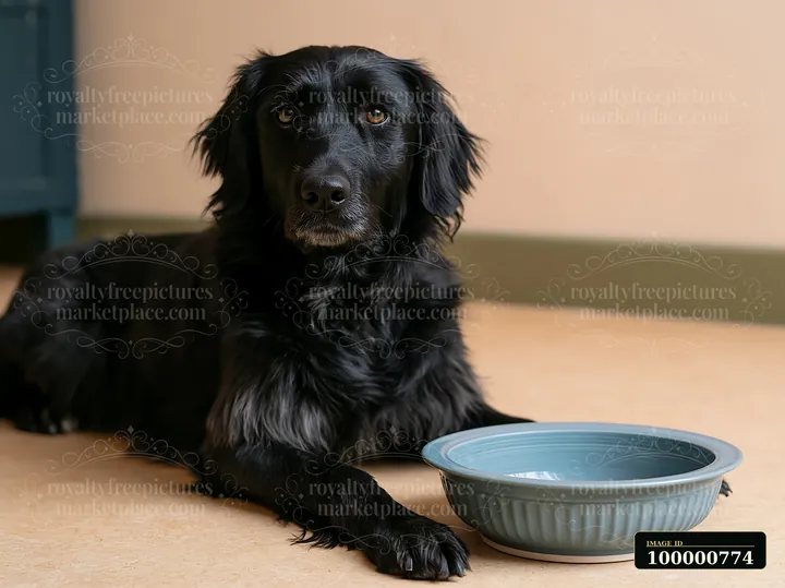 A black dog lies on the floor next to a light blue water bowl in a studio setting.